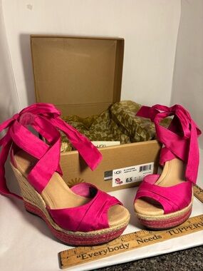 UGG Hot Pink Espadrille Ankle Tie Wedge Sandals